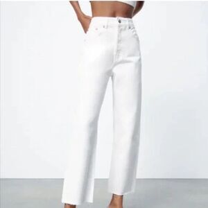 Zara Womens Jeans EU 40 US 8 Straight Leg Rigid White High Rise Raw Hem NWT